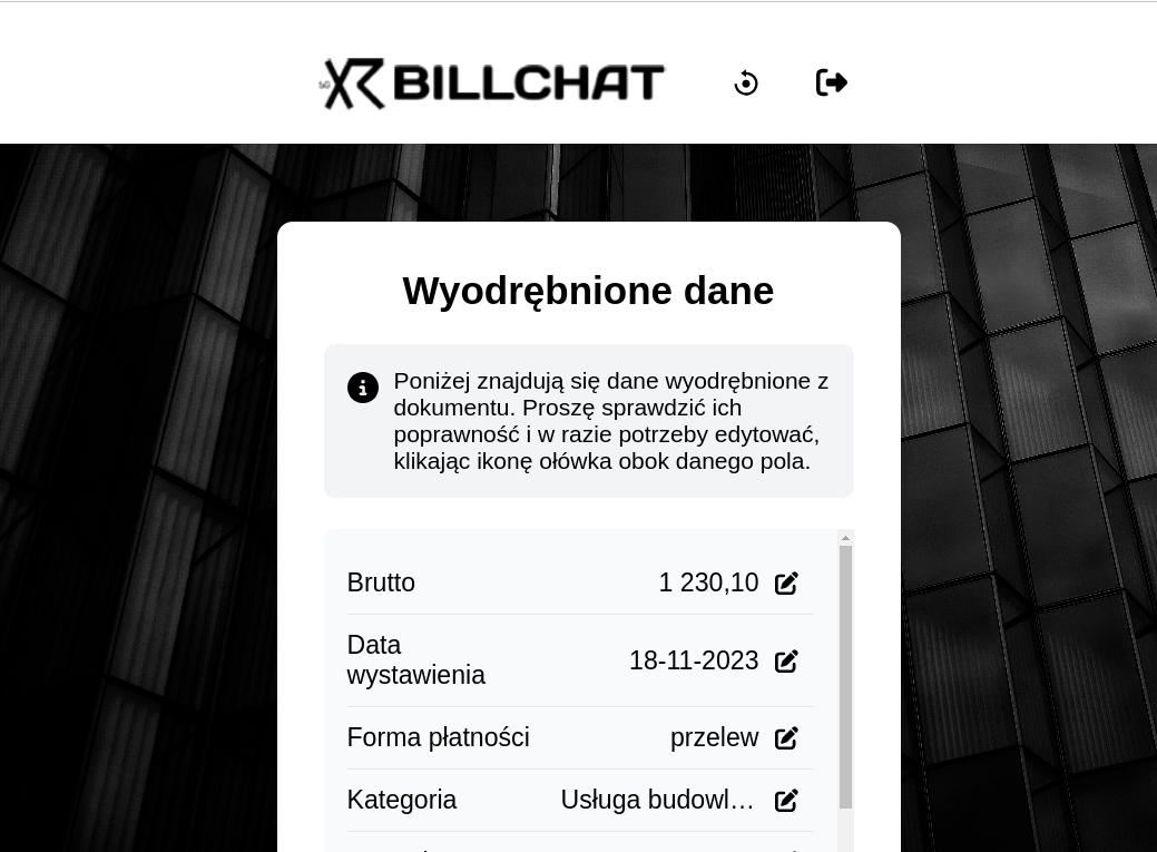 Aplikacja Billchat - podgląd interfejsu